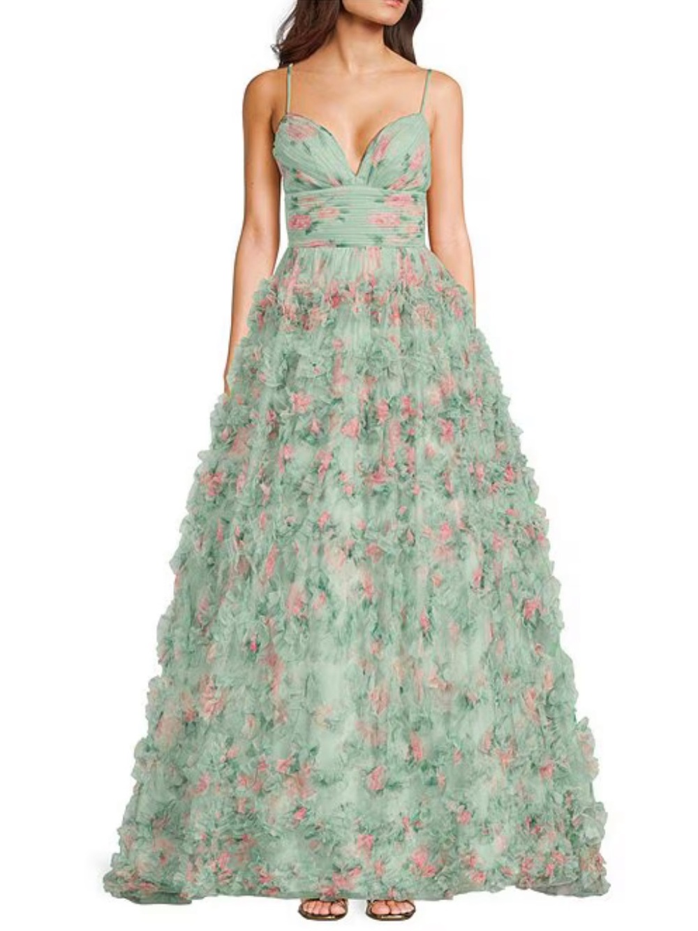 B. Darlin Sage Ball Gown with Pink Floral Appliqués ✨🩷
